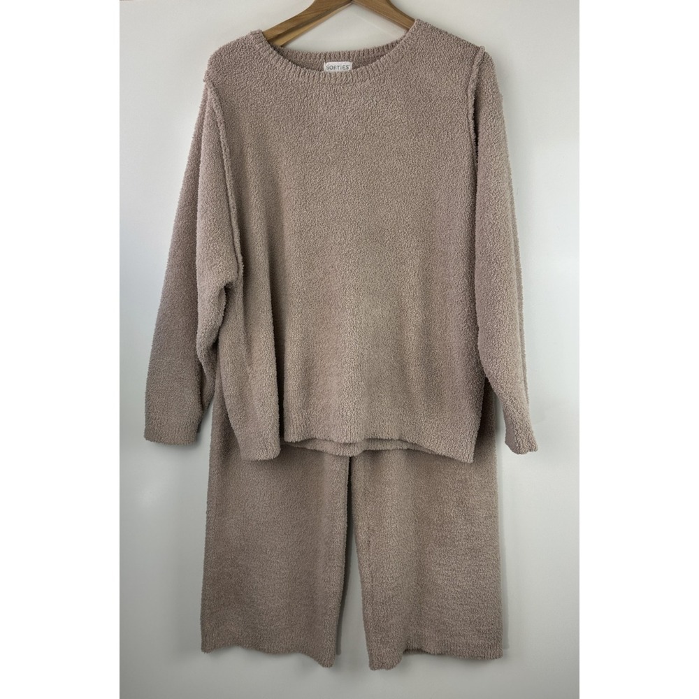 Softies Cozy Teddy Reverse Seam Crew Neck LS Top Pants Lounge Set Brown Size XL - Picture 16 of 16